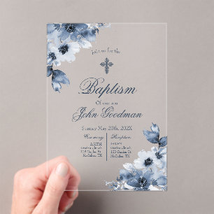 Invitaciones Acrílicas Bautismo de azul polvoriento acrílico con cruz
