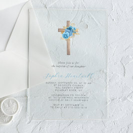 Invitaciones Acrílicas Bautismo de Cruz de Oro Azul Floral