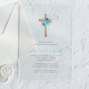 Invitaciones Acrílicas Bautismo de Cruz de Oro Azul Floral