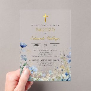 Invitaciones Acrílicas Bautismo de flor silvestre azul de primavera acríl
