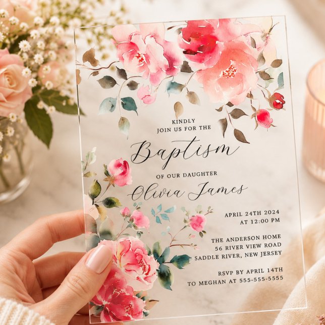 Invitaciones Acrílicas Bautismo de Flores Rosadas (Subido por el creador)