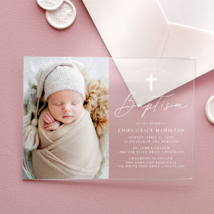 Invitaciones Acrílicas Bautismo de Foto con Letra Blanca Minimalista Mode