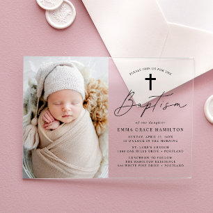 Invitaciones Acrílicas Bautismo de Foto con Letra Negra Minimalista Moder