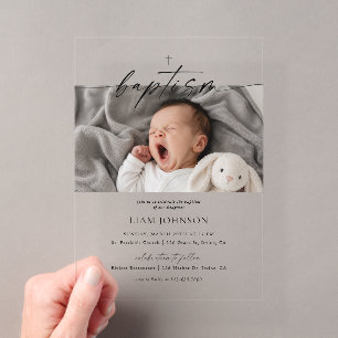 Invitaciones Acrílicas Bautismo de Foto Cruz Minimalista