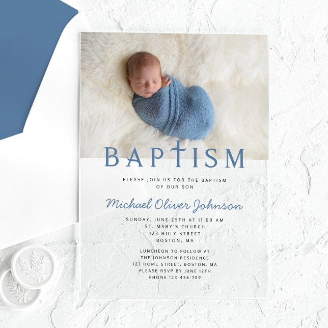 Invitaciones Acrílicas Bautismo de foto de niño moderno elegante (Modern Elegant Boy Photo Baptism Acrylic Invitations)