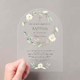 Invitaciones Acrílicas Bautismo de la Cruz de Flores Blancas de Oro Elega