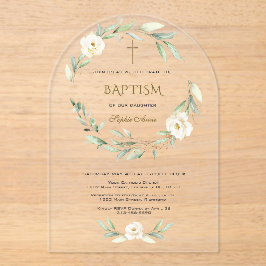 Invitaciones Acrílicas Bautismo de la Cruz de Flores Blancas de Oro Elega