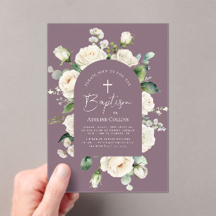 Invitaciones Acrílicas Bautismo de lavanda envejecida con escritura elega