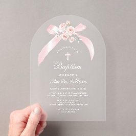 Invitaciones Acrílicas Bautismo de lazo rosa floral