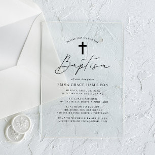 Invitaciones Acrílicas Bautismo de letra negra minimalista moderna