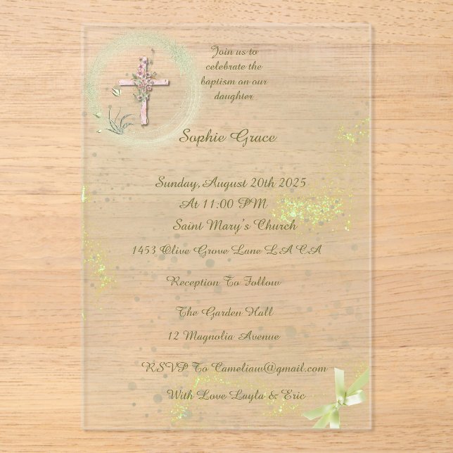 Invitaciones Acrílicas Bautismo elegante y elegante (Anverso)