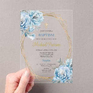 Invitaciones Acrílicas Bautismo floral azul