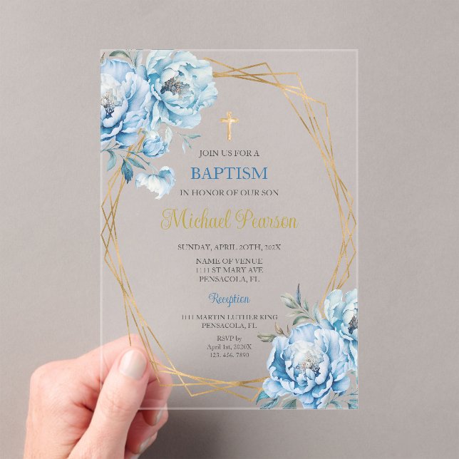 Invitaciones Acrílicas Bautismo floral azul (Insitu (portátil))