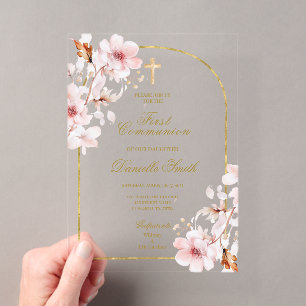 Invitaciones Acrílicas Bautismo floral de flor de cerezo