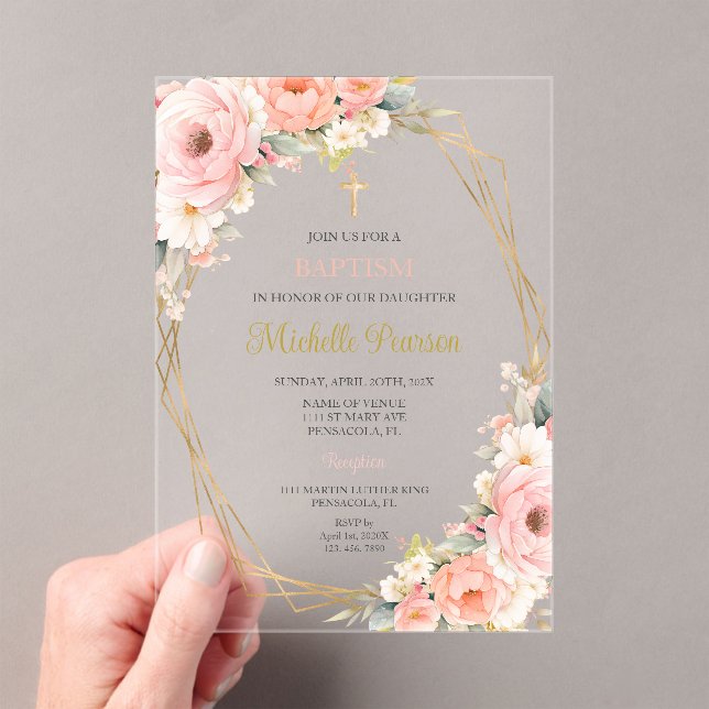 Invitaciones Acrílicas Bautismo floral rosa (Insitu (portátil))