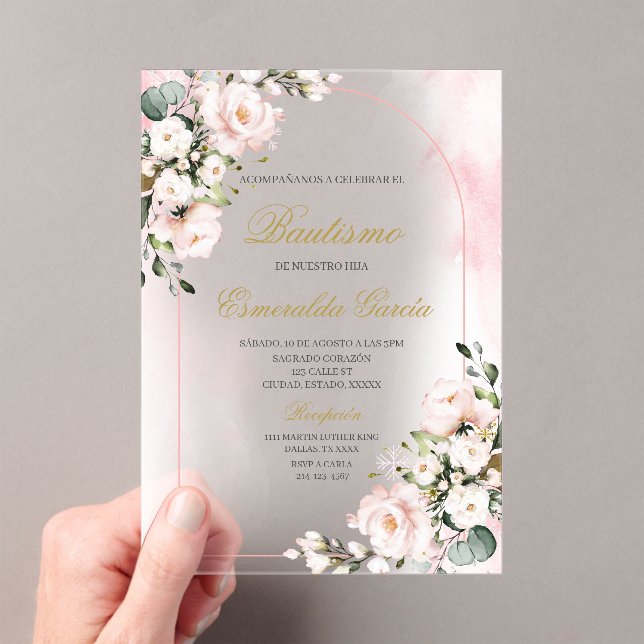 Invitaciones Acrílicas Bautismo floral rosa acrílico (Insitu (portátil))