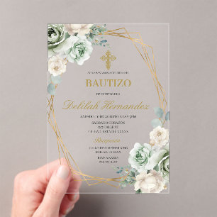 Invitaciones Acrílicas Bautismo floral verde sabio español
