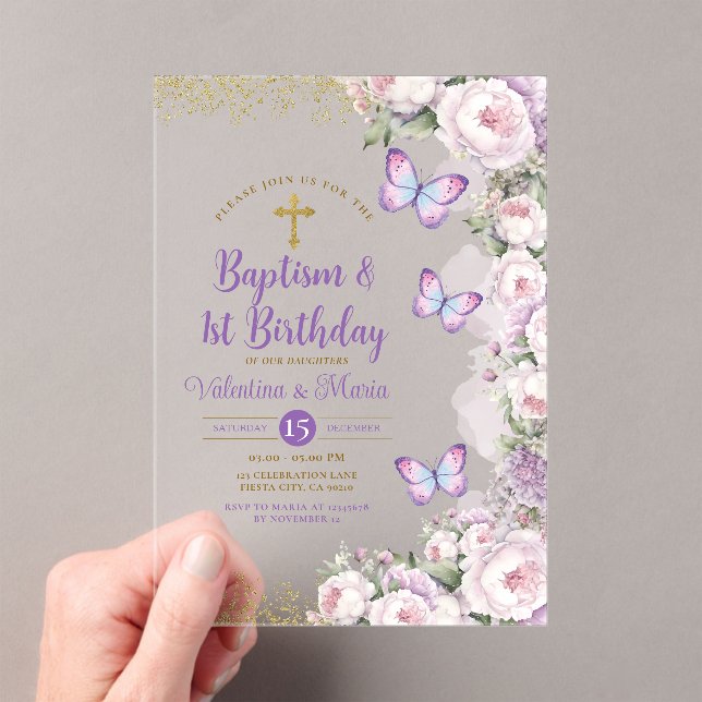 Invitaciones Acrílicas Bautismo gemelo y cruz morada de primer cumpleaños (Insitu (portátil))