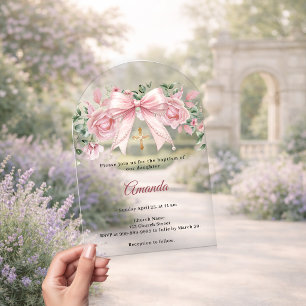 Invitaciones Acrílicas Bautismo Lazo Rosado Floral Niña Cruz Premium