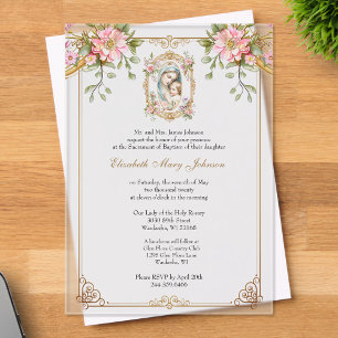Invitaciones Acrílicas Bautismo Madre Católica María Jesús Flor Rosa