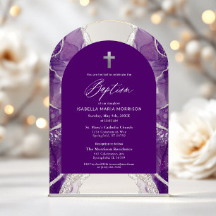 Invitaciones Acrílicas Bautismo Moderno Elegante Ágata Plateada Púrpura