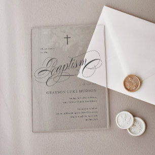 Invitaciones Acrílicas Bautismo Neutral Caligrafía Escritura Elegante