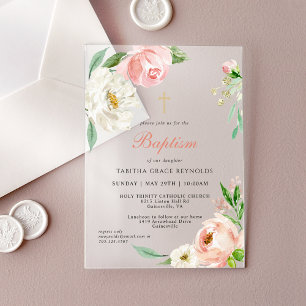 Invitaciones Acrílicas Bautismo Religioso Floral Acuarela Rosa Femenina