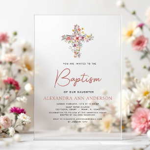 Invitaciones Acrílicas Bautismo Wildflower Polvo Rosa Verde