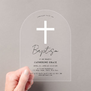 Invitaciones Acrílicas Bautismo y cristianismo en la Cruz Blanca Moderna
