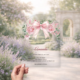 Invitaciones Acrílicas Bautizo Arco Elegante Niña Flores Rosadas