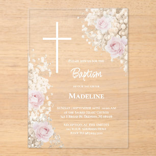 Invitaciones Acrílicas Bautizo de aliento de bebé y rosas rosadas