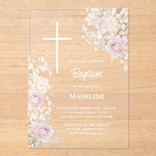 Invitaciones Acrílicas Bautizo de aliento de bebé y rosas rosadas (Anverso)