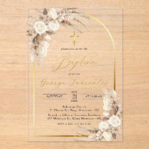 Invitaciones Acrílicas Bautizo de hierba de Pampas Neutral Bohemio