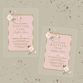 Invitaciones Acrílicas Bautizo de niña con flores de oro rosa lujoso