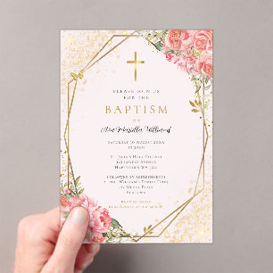 Invitaciones Acrílicas Bautizo de niña con flores rosadas