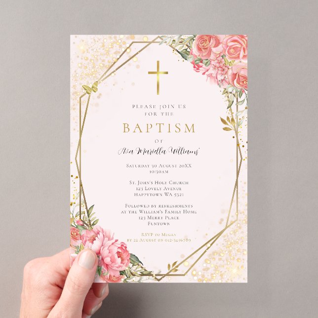 Invitaciones Acrílicas Bautizo de niña con flores rosadas (Insitu (portátil))