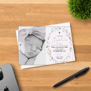 Invitaciones Acrílicas Bautizo de niña con flores silvestres moradas foto