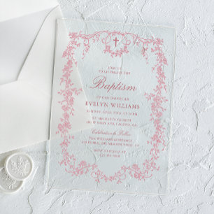 Invitaciones Acrílicas Bautizo de niña floral vintage rosa