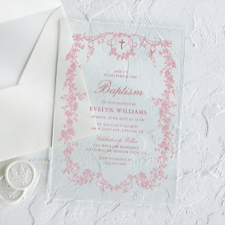 Invitaciones Acrílicas Bautizo de niña floral vintage rosa