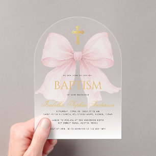 Invitaciones Acrílicas Bautizo de niña lazo rosa cruz dorada falsa escrit