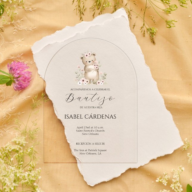 Invitaciones Acrílicas Bautizo De Niña Oso Cuto De Agua Española (Bautizo De Niña Cute Bear In Spanish Watercolor Acrylic Invitations)