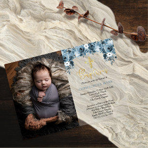 Invitaciones Acrílicas Bautizo de Niño con Flores de Acuarela Azul y Dora
