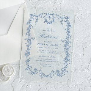 Invitaciones Acrílicas Bautizo de Niño Floral Vintage Azul