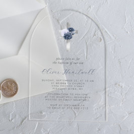 Invitaciones Acrílicas Bautizo de niños Cruz Floral Navy Azul Polvoriento