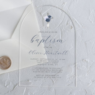 Invitaciones Acrílicas Bautizo de niños Cruz Floral Navy Azul Polvoriento