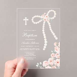 Invitaciones Acrílicas Bautizo de Perlas y Rosas