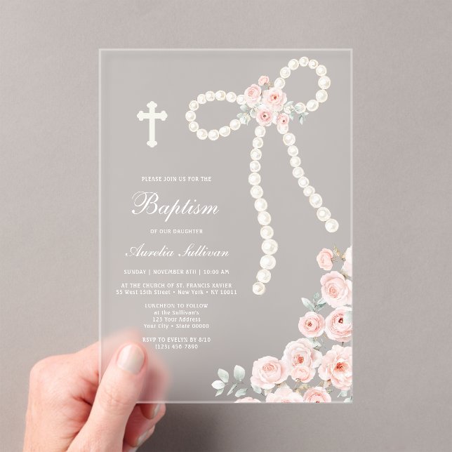 Invitaciones Acrílicas Bautizo de Perlas y Rosas (Insitu (portátil))