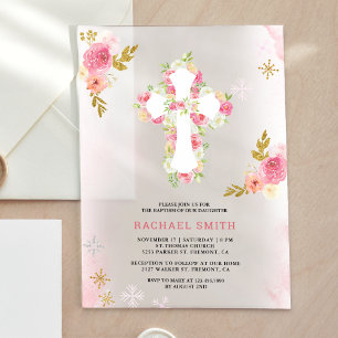 Invitaciones Acrílicas Bautizo floral de acuarela rosa dorado