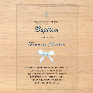 Invitaciones Acrílicas Bautizo lazo pequeño azul pastel