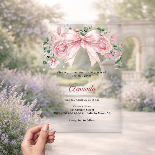 Invitaciones Acrílicas Bautizo Lazo Rosado Floral Niña Elegante premium